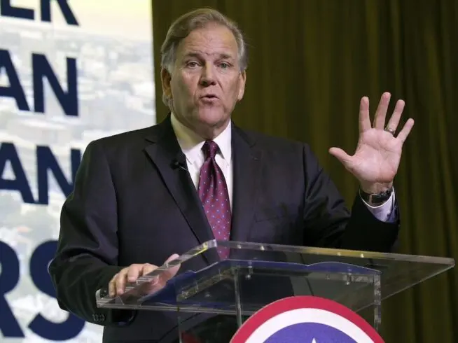 Former Rep. Mike Rogers, R-Mich., speaks at the Vision '24 conference' on March 18, 2023, in North Charleston, S.C. Rogers on Wednesday, Sept. 6, 2023 announced that he will run for Michigan's open U.S. Senate seat. (AP Photo/Meg Kinnard, File)