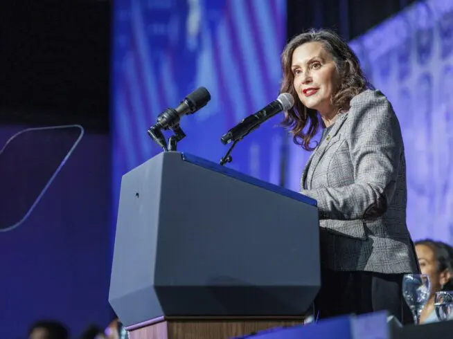 Michigan Gov. Gretchen Whitmer speaks at the Detroit NAACP's annual Fight for Freedom Fund Dinner in Detroit, Mich., on May 19, 2024. (Photo by Andrew Roth/Sipa USA)(Sipa via AP Images)