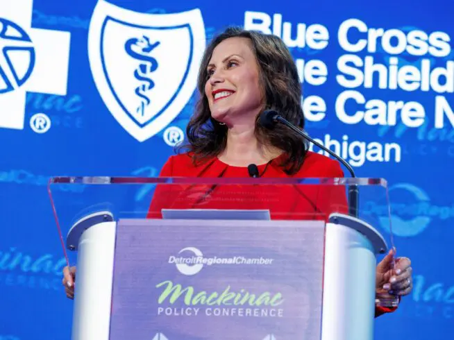 Gov. Gretchen Whitmer speaks at the Mackinac Policy Conference in Mackinac Island, Michigan, on May 30, 2024.