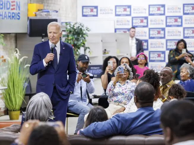 President Joe Biden visits the CRED Cafe in Detroit, Mich., to speak with voters on May 19, 2024. (Photo by Andrew Roth/Sipa USA)(Sipa via AP Images)