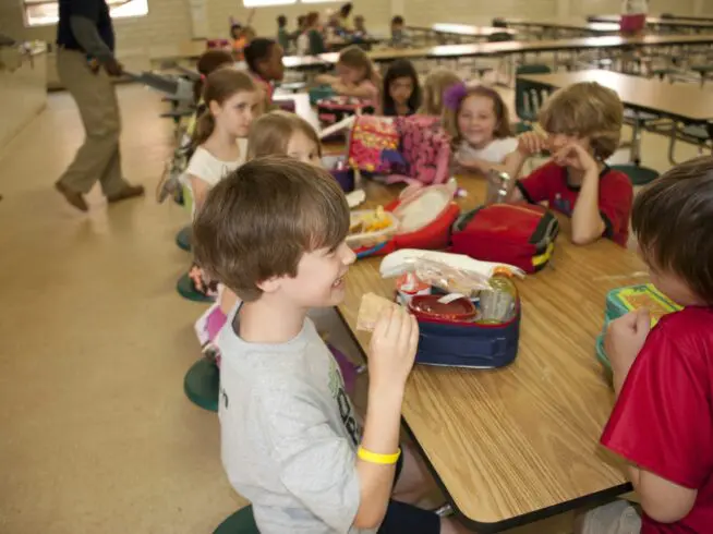 Children eating in a cafeteria.