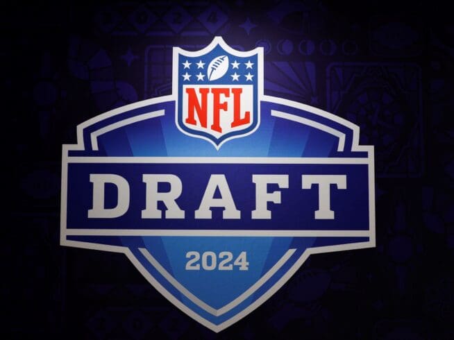A detail of the NFL Draft logo ahead of the Super Bowl 58 NFL football game, Tuesday, Feb. 6, 2024, in Las Vegas. Detroit will host the 2024 NFL Draft April 25–27.
