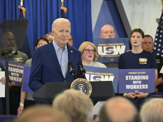 President of the United States Joe Biden is speaking about proposing tariffs on Chinese steel in his remarks at the United Steelworkers Headquarters in Pittsburgh, Pennsylvania, United States, on April 17, 2024.(Photo by Kyle Mazza/NurPhoto via AP)