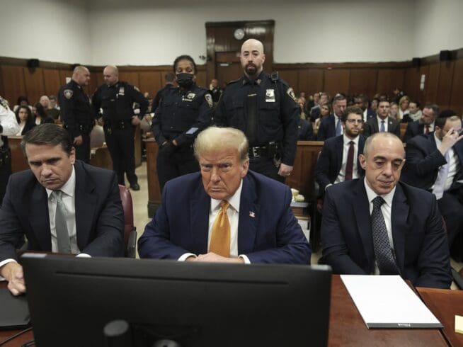 Former President Donald Trump appears at Manhattan criminal court before his trial in New York, Tuesday, May 14, 2024. (Curtis Means/Pool Photo via AP)