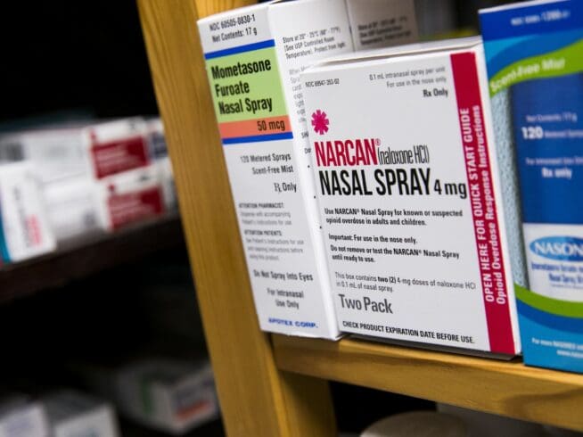 A package of Narcan (Naloxone) nasal spray opioid overdose reversal medication photographed in a pharmacy in Remington, Virginia, on January 25, 2018. (Photo by Kristoffer Tripplaar/Sipa USA)(Sipa via AP Images)