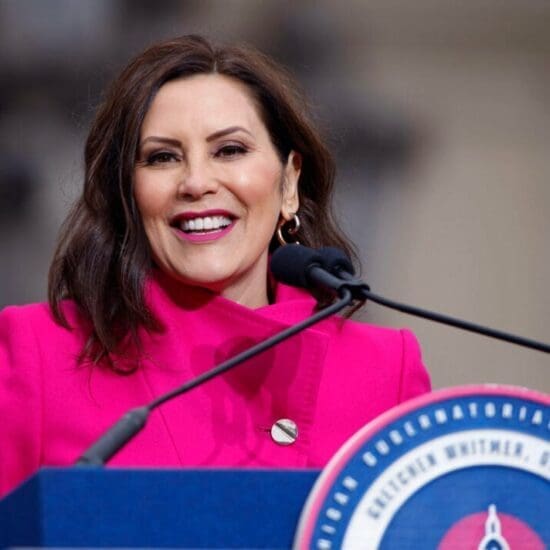 Michigan Gov. Gretchen Whitmer addresses the crowd during inauguration ceremonies, Jan. 1, 2023, outside the state Capitol in Lansing, Mich.