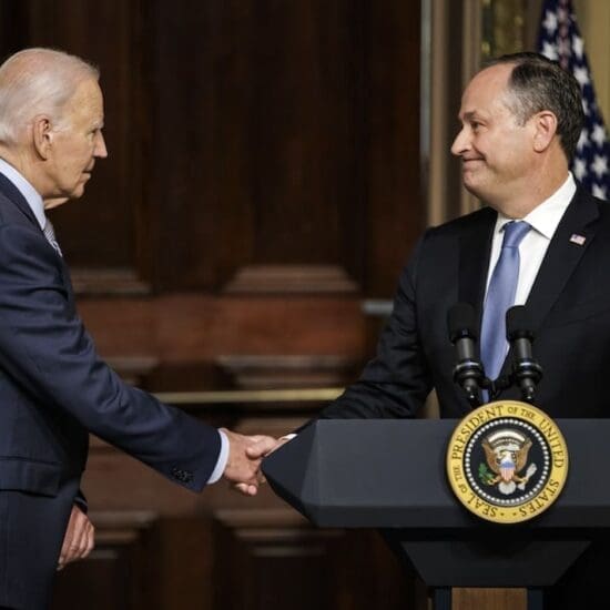 Second Gentleman Doug Emhoff introduces President Joe Biden during a roundtable discussion with leaders in the Jewish community on October 11, 2023 in Washington, D.C. (Photo by Samuel Corum/Sipa USA)(Sipa via AP Images)