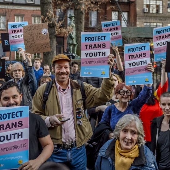 A coalition of over 50 LGBTQ rights organizations and New York Elected Officials held an emergency rally to oppose Trump attack on Trans Students at the Stonewall National Monument in New York City, on February 23, 2017; participating trans speakers and Government Officials made it clear that they will fight to keep protections for trans and gender non-conforming people and students in the aftermath of the Trump-Pence Administration rescinding important protections for transgender students in schools. (Photo by Erik McGregor)(Sipa via AP Images)