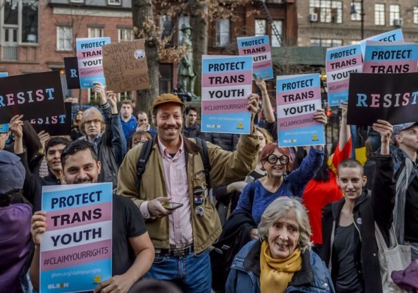 A coalition of over 50 LGBTQ rights organizations and New York Elected Officials held an emergency rally to oppose Trump attack on Trans Students at the Stonewall National Monument in New York City, on February 23, 2017; participating trans speakers and Government Officials made it clear that they will fight to keep protections for trans and gender non-conforming people and students in the aftermath of the Trump-Pence Administration rescinding important protections for transgender students in schools. (Photo by Erik McGregor)(Sipa via AP Images)