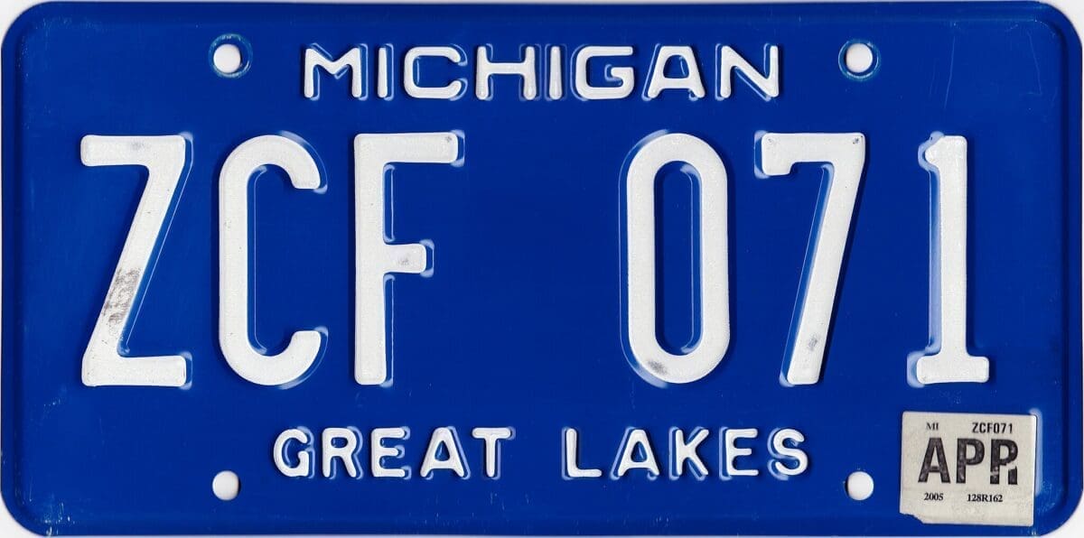 Michigan retro license plate with a blue background and white lettering.
