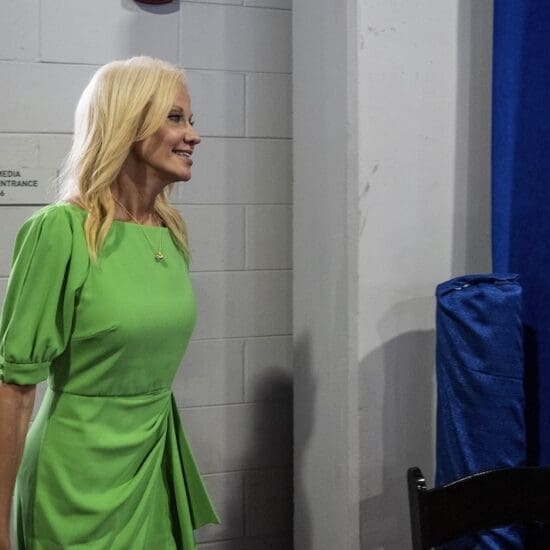 Kellyanne Conway, former Senior Counselor to the President in the administration of Donald Trump, enters the spin room at the Fiserv Forum following the first Republican Presidential primary debate in Milwaukee, Wisconsin, on August 23, 2023. (Photo by Christopher Dilts / Sipa USA)(Sipa via AP Images)