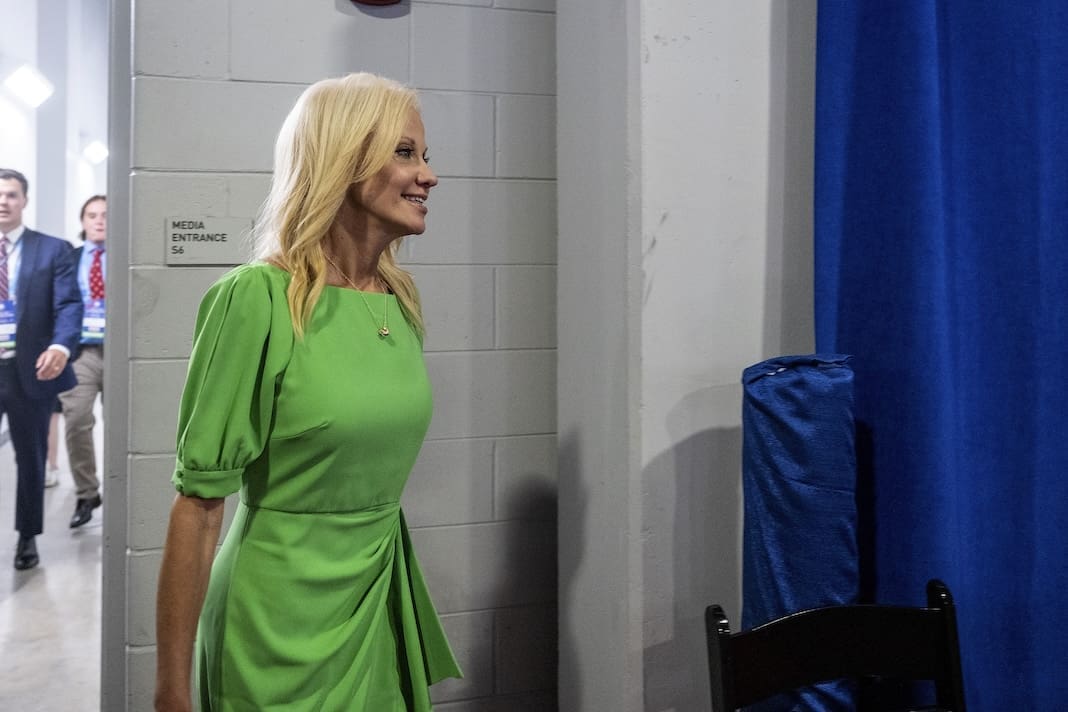 Kellyanne Conway, former Senior Counselor to the President in the administration of Donald Trump, enters the spin room at the Fiserv Forum following the first Republican Presidential primary debate in Milwaukee, Wisconsin, on August 23, 2023. (Photo by Christopher Dilts / Sipa USA)(Sipa via AP Images)