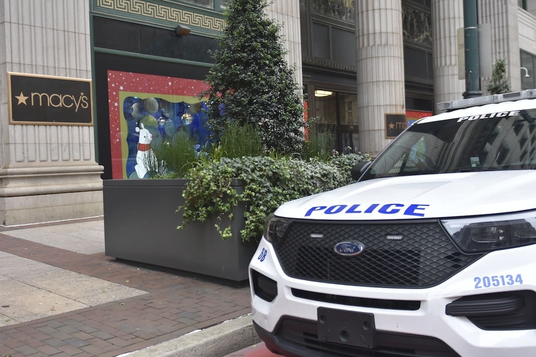 Police seen stationed outside of Macy's. Man allegedly shoplifts and stabs two security guards At Macy's In Philadelphia. Philadelphia police say a man that attempted to steal merchandise at Macy's Monday morning returned to the store and stabbed two security guards, killing one and injuring the other. (Photo by Kyle Mazza / SOPA Images/Sipa USA)(Sipa via AP Images)