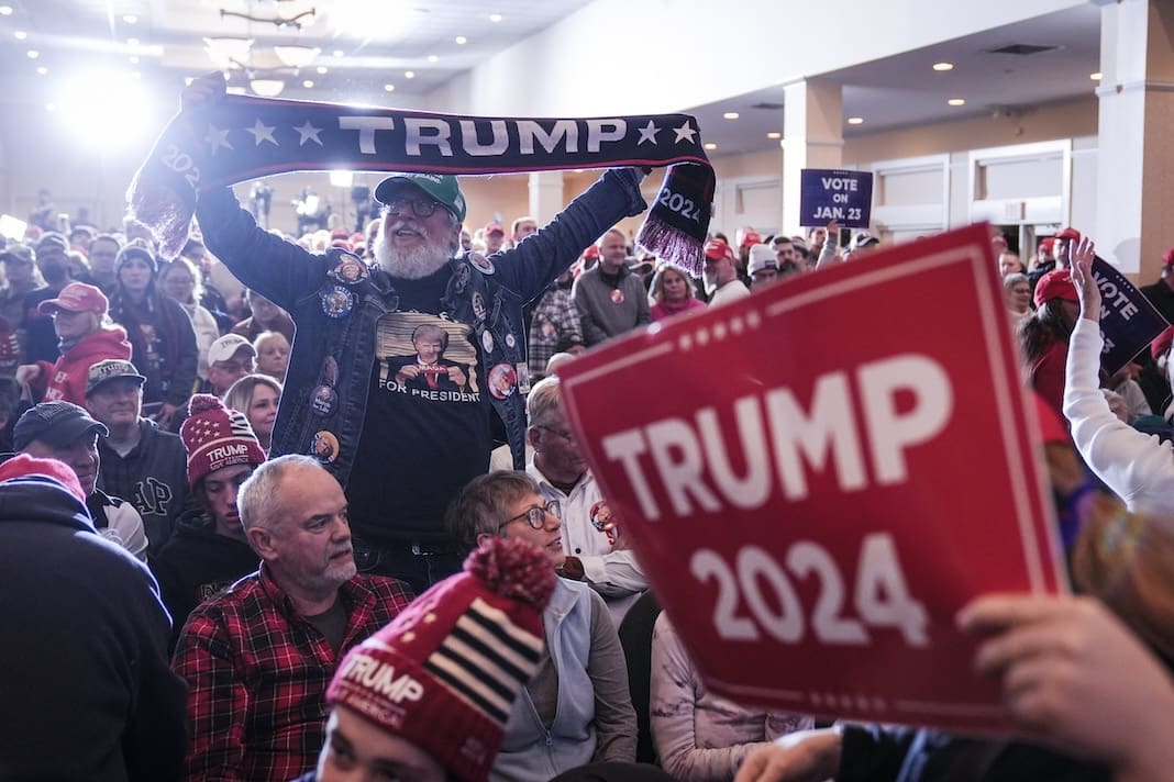 A supporter of Republican presidential candidate former President Donald Trump before he speaks during a campaign event in Atkinson, N.H., Tuesday, Jan. 16, 2024. (AP Photo/Matt Rourke)