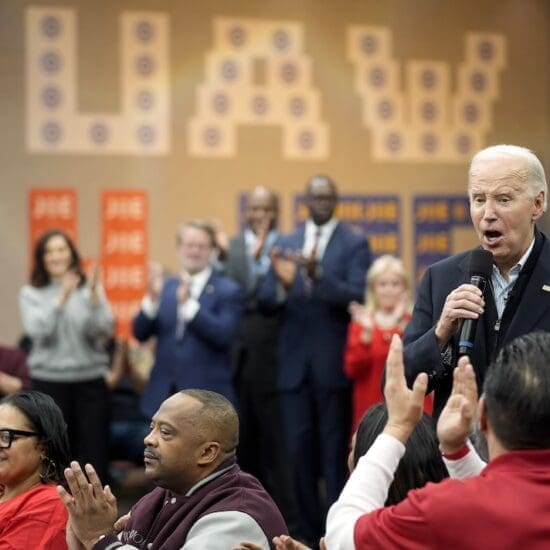 President Joe Biden addresses UAW members during a campaign stop at a phone bank in the UAW Region 1 Union Hall, Thursday, Feb. 1, 2024, in Warren, Mich. (AP Photo/Evan Vucci)
