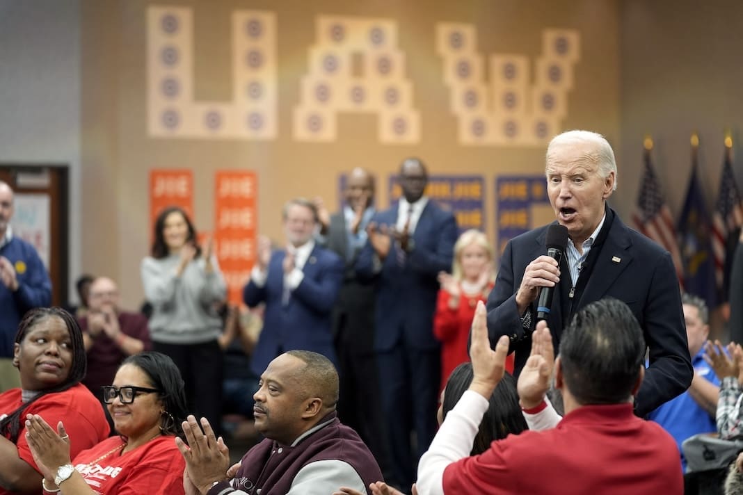 President Joe Biden addresses UAW members during a campaign stop at a phone bank in the UAW Region 1 Union Hall, Thursday, Feb. 1, 2024, in Warren, Mich. (AP Photo/Evan Vucci)