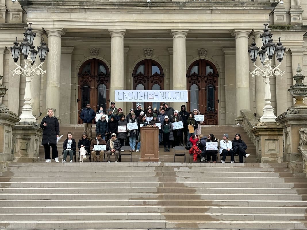 Michigan State University students rally at the Michigan Capitol in downtown Lansing on Feb. 15, 2024. (Alyssa Burr)
